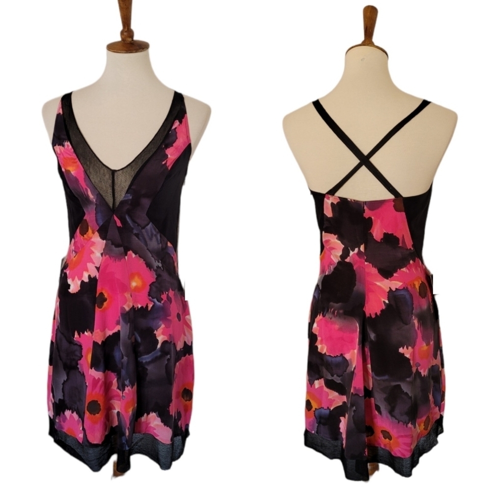 Bebe‎ - Y2K Silk Floral & Mesh Criss Cross Back Knee Length Dress